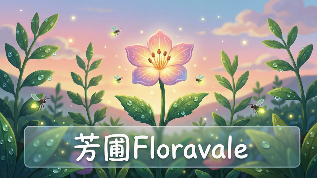 主体:一座充满生机的数字花园,中央有一株盛开的发光花朵,周围环绕着不同生长阶段的绿植和闪烁的萤火虫,花园背景是柔和的渐变晚霞。布局:花朵位于画面正中央,周围植物呈放射状排列,形成视觉焦点,远处有隐约的山丘和云朵。排版:画面下方三分之一处有通透的玻璃质感信息栏,上面写着“芳圃Floravale”字样,字体为圆润的手写体,颜色为白色,半透明背景。风格:清新治愈系,宫崎骏动画电影质感,色彩明亮通透,光影柔和,细节丰富。细节:叶片上有晶莹的露珠,花瓣纹理清晰,空气中漂浮着细小的光点,整体氛围宁静而美好。画质:8k分辨率,超高清,干净,无多余元素。