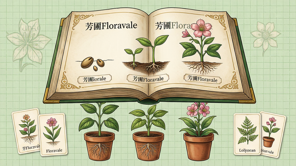 主体:一本打开的巨大植物图鉴悬浮在花园上方,书页上展示着芳圃Floravale中几种代表性植物的生长阶段示意图,从种子到幼苗再到开花。布局:图鉴位于画面上方,下方是与之对应的实体植物盆栽,形成对照,左右两侧还有其他植物的小卡片。排版:图鉴页面上有“芳圃Floravale”的logo水印和植物名称标签,字体为优雅的衬线体,黑色,干净整洁。风格:百科全书插画风格,线条清晰,色彩写实,带有淡淡的复古纸质感。细节:植物根茎脉络清晰,图鉴边缘有金色的装饰纹样,背景是浅绿色的网格纸。画质:高分辨率,细腻,干净,无多余元素。