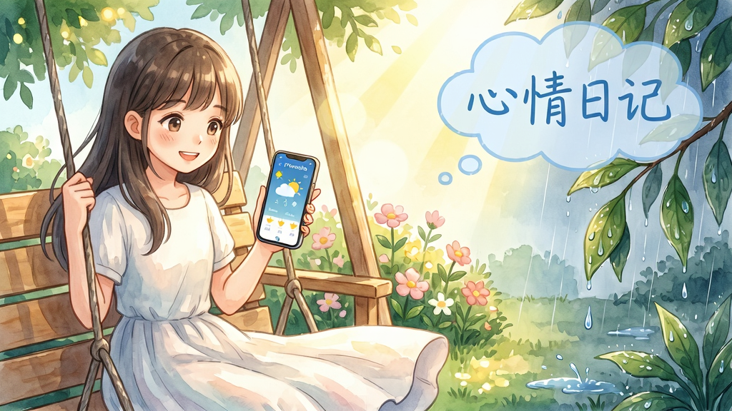 主体:一个少女坐在花园的秋千上,手中拿着手机,屏幕上显示着芳圃Floravale的天气变化界面,她的脸上带着微笑。布局:少女位于画面左侧,右侧是她的花园,花园中一半是阳光明媚、鲜花盛开,另一半是细雨绵绵、植物低垂,形成对比。排版:画面右上角有轻盈的云朵形状的文字气泡,里面写着“心情日记”,字体为手写体,蓝色,半透明。风格:日系治愈系插画,水彩质感,色彩柔和,笔触细腻。细节:雨滴落在叶片上溅起的水花,阳光透过树叶的光斑,少女的裙摆微微飘动。画质:高清,温暖,干净,无多余元素。