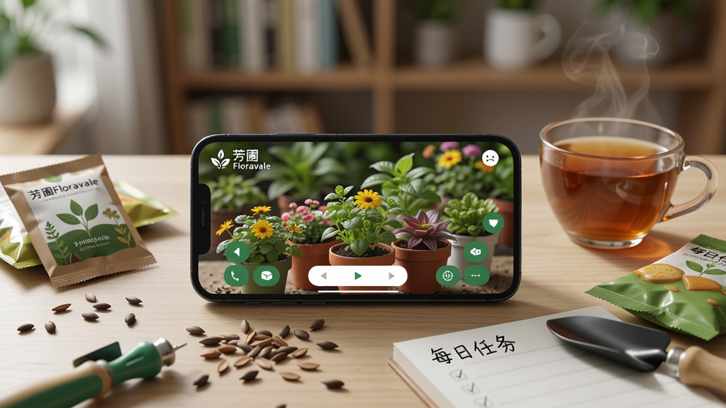 主体:一部智能手机横屏放置在桌面上,屏幕中显示芳圃Floravale的种植界面,旁边有一杯热茶和几包零食。布局:手机位于画面中央,屏幕内容清晰可见,周围有散落的种子和园艺小工具作为点缀。排版:屏幕左上角有“芳圃Floravale”的logo,界面下方有虚拟按键,桌面上有一本便签,上面写着“每日任务”字样。风格:写实风格,柔和自然光,浅景深效果,背景是模糊的书房。细节:手机屏幕上植物色彩鲜艳,茶杯冒着热气,种子袋上印有植物图案。画质:超高清,干净,无多余元素。