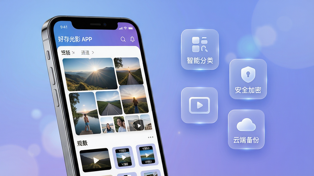 主体:好存光影APP在智能手机上运行的界面展示,屏幕中显示整齐分类的照片瀑布流和视频文件夹,背景是柔和的渐变蓝紫色调。布局:手机居中偏左,右侧漂浮着几个半透明的功能图标,如“智能分类”“安全加密”“云端备份”。排版:画面干净,手机屏幕内容清晰可辨,图标带有微光效。风格:现代科技感与生活气息结合,光影层次丰富。细节:手机边缘有细腻的高光反射,背景有轻微的光斑。画质:8K超清,干净,无多余元素。
