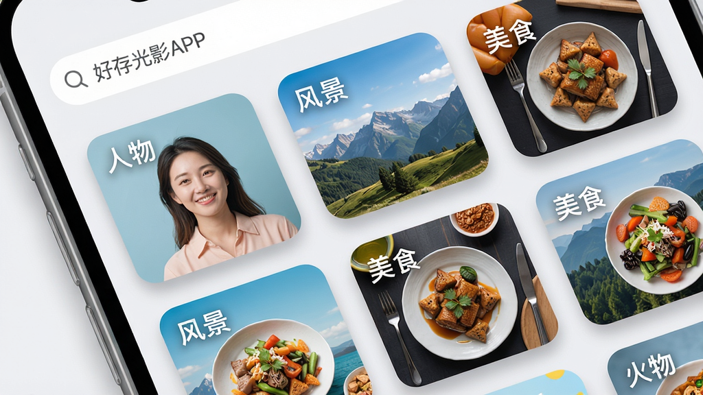主体:好存光影APP的智能分类功能界面,屏幕上显示多个分类标签卡片,如“人物”“风景”“美食”,每张卡片都有代表性缩略图。布局:界面采用网格布局,卡片排列整齐,左上角有搜索栏。排版:文字标签清晰,卡片圆角设计。风格:简洁明亮,色彩活泼。细节:卡片边缘有细微阴影,背景为浅灰色。画质:高清,干净,无多余元素。