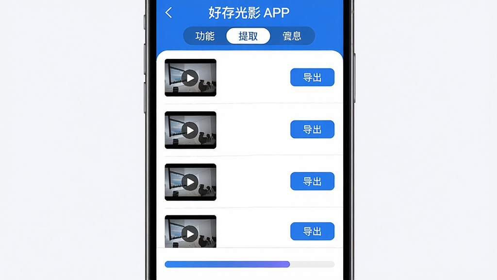主体:好存光影APP的视频提取功能操作界面,手机屏幕显示一个视频文件列表,每个文件右侧有“导出”按钮,底部有进度条。布局:列表纵向排列,顶部有功能切换标签。排版:信息层级分明,按钮颜色醒目。风格:商务简洁风,蓝白配色。细节:视频缩略图清晰,进度条带有渐变色彩。画质:超清,干净,无多余元素。