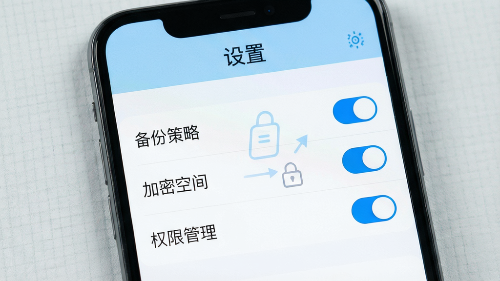 主体:手机屏幕上显示好存光影APP的设置界面,上面有“备份策略”“加密空间”“权限管理”等选项。布局:设置项纵向排列,每个选项右侧有开关按钮。排版:文字清晰,开关按钮颜色醒目,整体色调为浅蓝与白色。风格:清爽简洁,操作引导感强。细节:顶栏有“设置”标题,背景有细微网格纹理。画质:高清,干净,无多余元素。