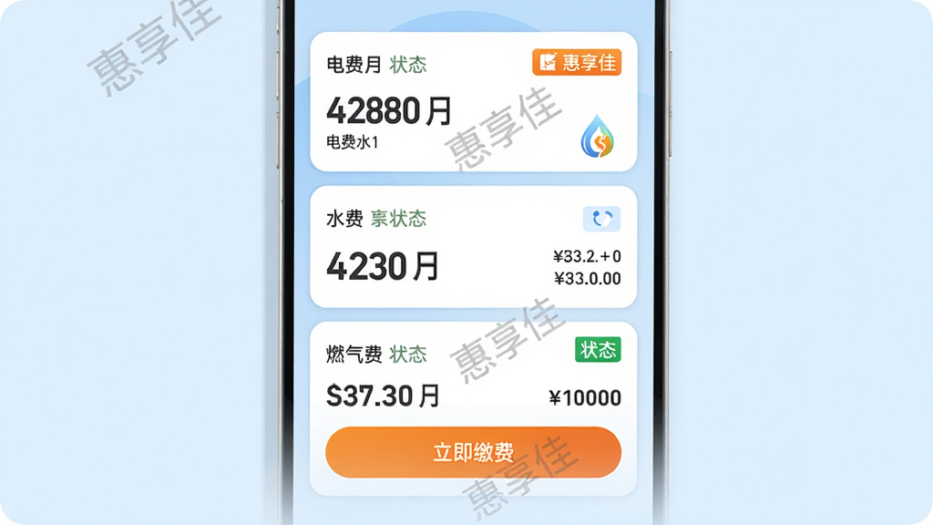 ���壺������APP�Ľɷ�ҳ�棬��ʾ��ѡ�ˮ�ѡ�ȼ�����˵���Ƭ�����֣��˵���Ƭ�������У��ײ��С������ɷѡ���ť���Ű棺�������ͻ�����˵�״̬��ǩ��Ŀ����񣺼�Լʵ�ã�ǳ�����������ɫ��Ƭ��ϸ�ڣ���Ƭ��ӡ�С������ѡ�ˮӡ���ɷѰ�ťΪ��ɫ�����ʣ����壬�ɾ����޶���Ԫ�ء�