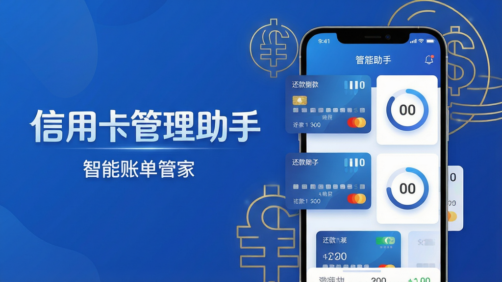主体:智能手机屏幕展示信用卡管理助手主界面,界面清晰显示多张信用卡卡片图形与还款倒计时圆环。布局:手机居中偏右,左侧留白放置“信用卡管理助手”艺术字标题,下方一行小字“智能账单管家”。排版:扁平化设计,卡片信息错落有致,主次分明。风格:现代科技感,蓝白主色调,搭配柔和渐变,界面高光质感。细节:屏幕内图表线条流畅,数据可视化元素丰富,背景有抽象金色线条勾勒的货币符号。画质:8K超高清,干净,无多余元素。