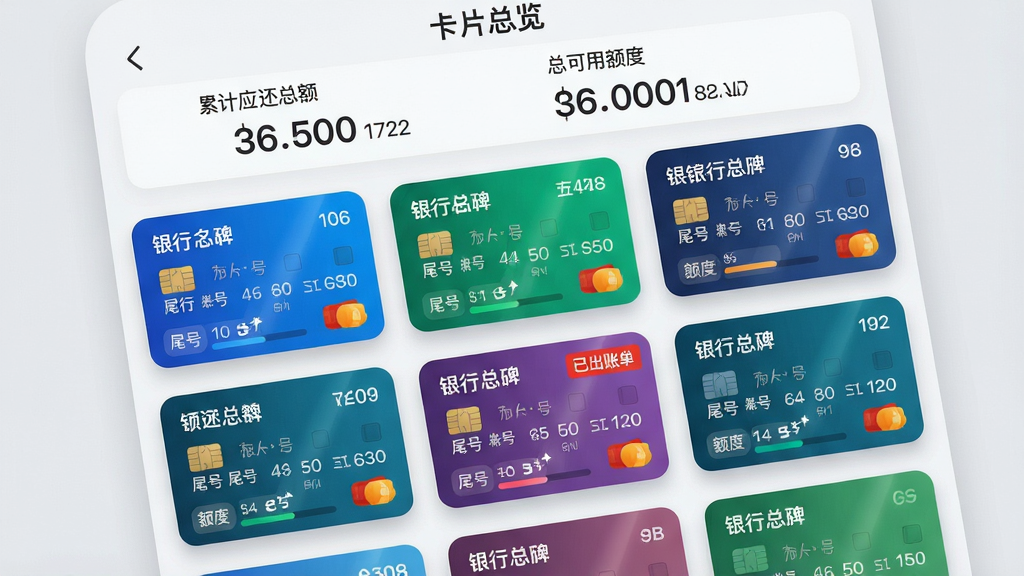 主体:信用卡管理助手APP的“卡片总览”功能页面,以瀑布流形式展示多张不同颜色的虚拟信用卡。布局:页面顶部为累计应还总额与总可用额度数字,下方为卡片列表。排版:卡片采用圆角矩形,阴影柔和,信息以标签化排列。风格:简洁商务风,背景为浅灰色,卡片色彩饱和度高。细节:每张卡片上清晰显示银行名称、尾号、额度进度条,其中一张卡片带有“已出账单”红色标记。画质:高分辨率,干净,无多余元素。