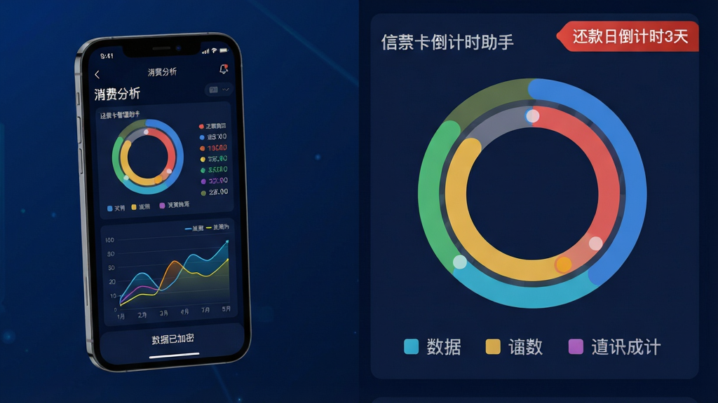 主体:一部手机横屏显示信用卡管理助手的“消费分析”界面,屏幕上有彩色环形图与趋势折线图。布局:手机左侧放置,右侧为放大的图表细节展示,底部有“数据已加密”字样。排版:图表数据点清晰,图例颜色与手机屏幕内色彩呼应。风格:商务科技感,深蓝色背景,亮色数据线条。细节:界面角落显示“还款日倒计时3天”红色徽章,整体氛围专业严谨。画质:高精细度,干净,无多余元素。