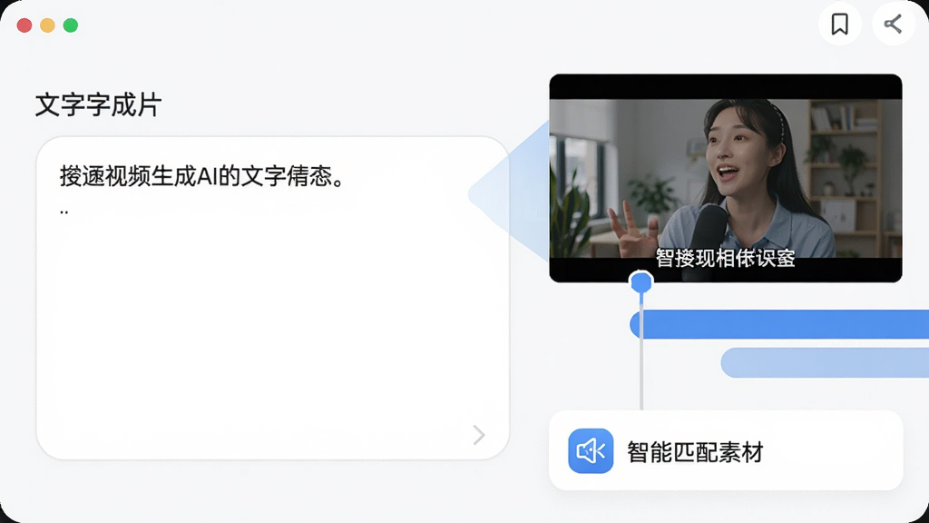 展示Deep视频生成AI“文字成片”功能的预览图,界面中显示输入框内有一句描述,右侧自动生成了带有画面和字幕的视频时间线,下方有“智能匹配素材”的图标,整体风格明亮清晰,突出AI自动化生成效果,画质干净无多余元素