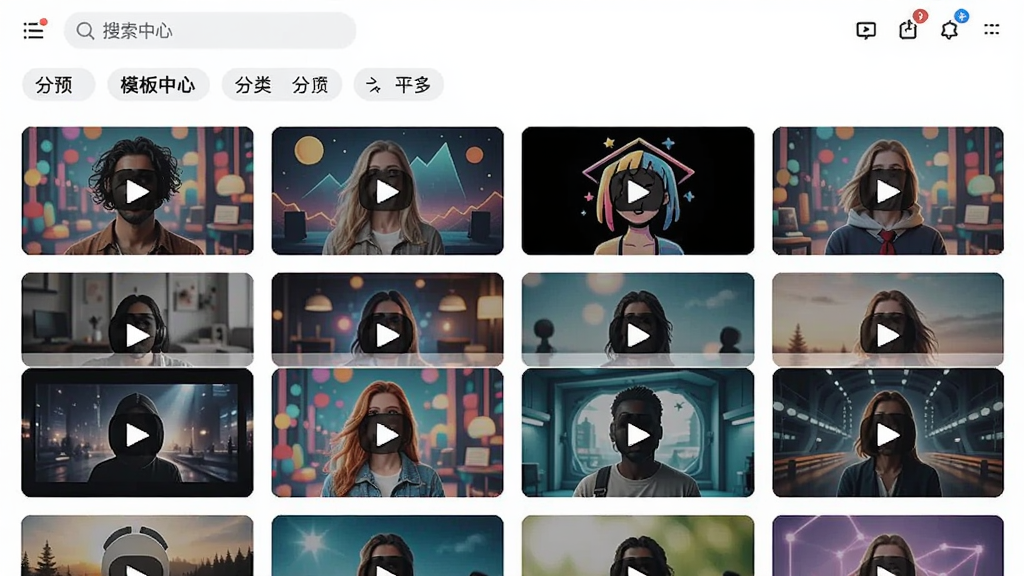 展示Deep视频生成AI“模板中心”的预览图,界面以网格形式展示各种视频模板封面,每个封面都有不同风格的预览图,顶部有搜索栏和分类筛选标签,整体画面色彩丰富,布局整齐,画质清晰,无多余元素