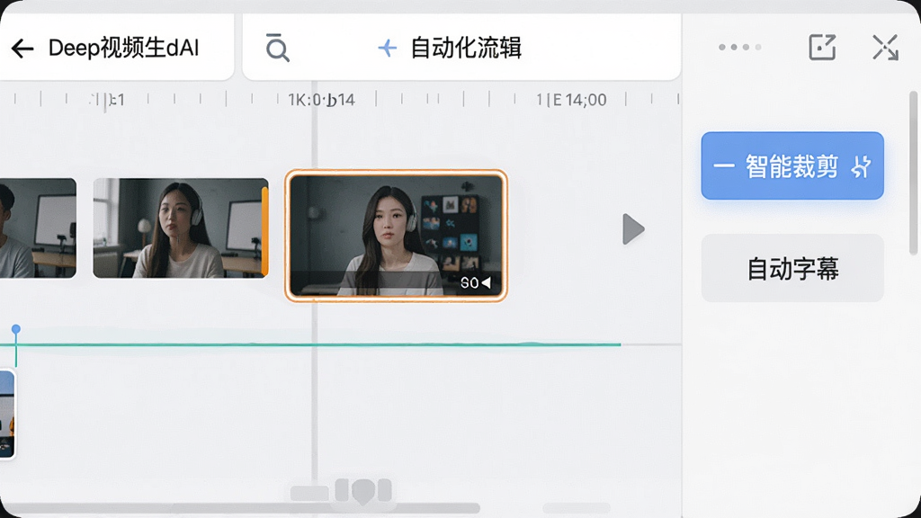 展示Deep视频生成AI“智能剪辑”功能的预览图,界面显示时间线上有多个视频片段,其中一个片段被高亮标记,右侧有“智能裁剪”、“自动字幕”等按钮,整体风格简洁直观,突出自动化剪辑流程,画质干净无多余元素