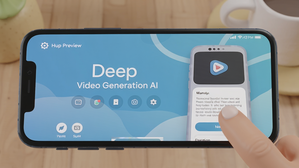 一张展示Deep视频生成AI在手机上的安装和操作过程的预览图,画面中手机屏幕显示App主界面,旁边有手指点击操作,背景柔和,整体风格实用,画质干净