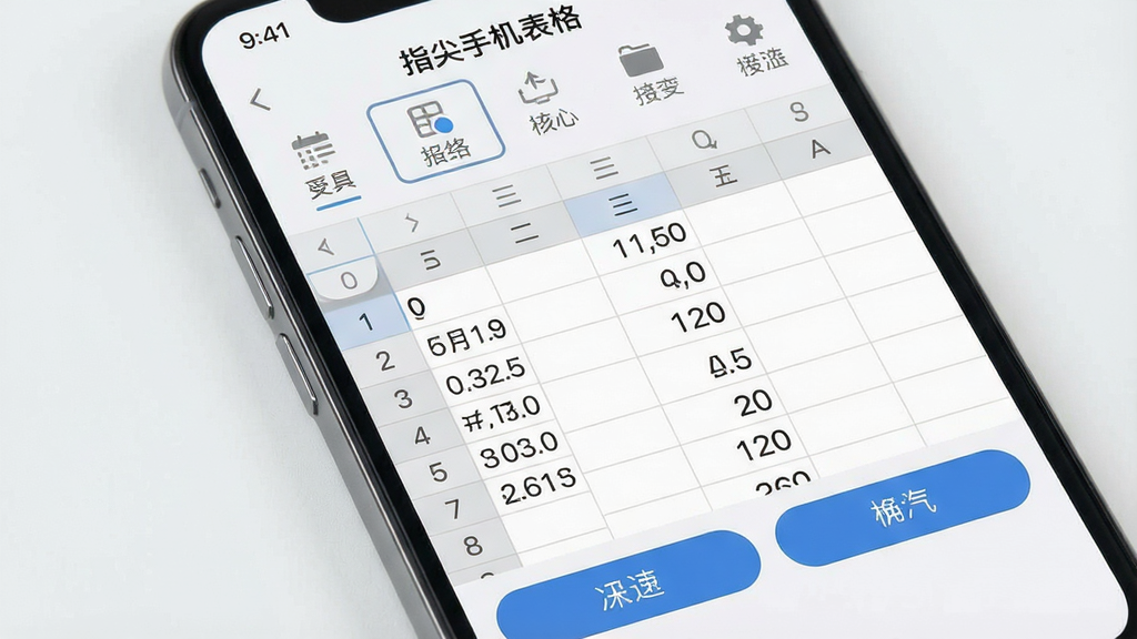 一张智能手机屏幕特写,屏幕中显示“指尖手机表格”应用主界面,界面布局清晰,上方有功能菜单栏,中间是编辑中的表格数据,下方有快捷操作按钮,整体风格简洁现代,浅色背景,画质干净,无多余元素