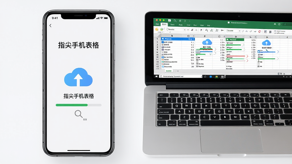 一张手机与电脑并排的俯视图,手机屏幕显示“指尖手机表格”的云同步界面,有云朵图标和同步进度条,电脑屏幕显示相同的表格数据,体现跨设备无缝衔接,整体色调明亮,画质干净,无多余元素