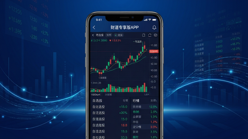 主体:财道专享版APP手机界面展示,屏幕上有股票K线图、自选股列表、行情数据;布局:手机居中,背景为渐变的深蓝色金融科技风格,四周有流动的光效和数据线条;排版:手机屏幕内容清晰可辨,整体画面平衡;风格:现代、专业、高质感;细节:屏幕内显示“财道专享版APP”字样,数据图表色彩鲜明,绿涨红跌;画质:超高清,干净无多余元素。