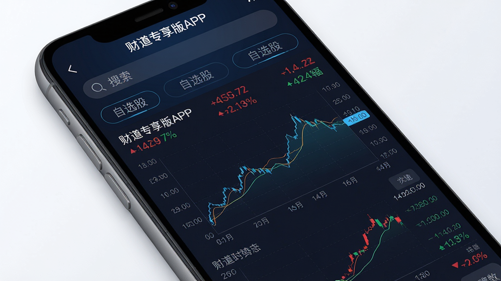 主体:财道专享版APP实时行情功能界面,展示多只股票的分时走势和涨跌幅数据;布局:信息以列表和图表形式呈现,顶部有搜索栏和自选股标签;排版:清晰的数据排列,涨跌幅用红色绿色标注;风格:现代科技感,数据可视化;细节:屏幕中显示“财道专享版APP”名称,图表线条流畅,数据精确到小数点后两位;画质:高清,干净无多余元素。