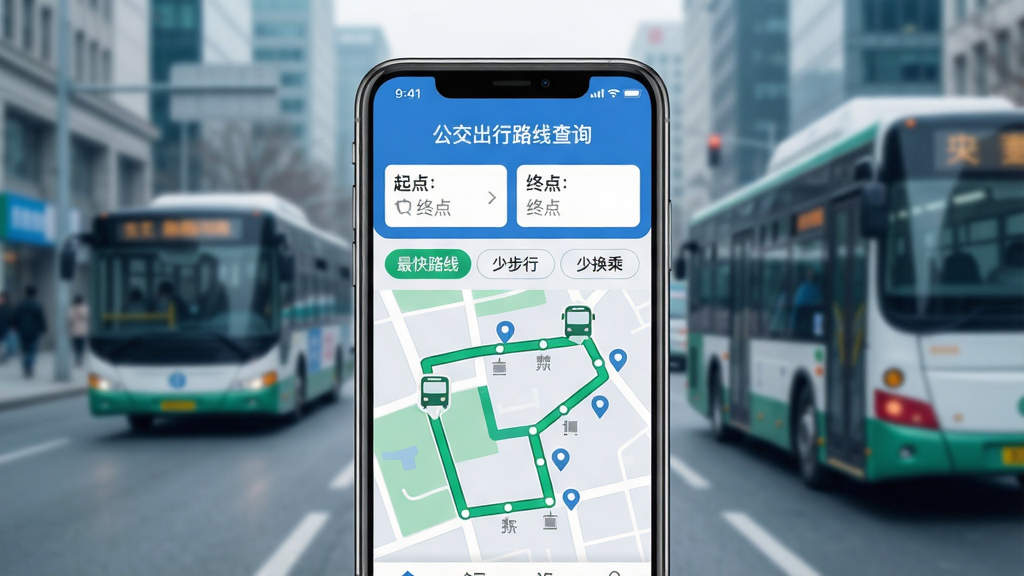 主体:一部智能手机屏幕显示公交出行路线查询App的路线规划界面,背景是模糊的城市街道与公交车。布局:手机居于画面中央,屏幕内有起点与终点输入框,下方展示一条绿色高亮的推荐公交路线,地图采用扁平化风格。排版:画面左右留白,突出手机屏幕内容,顶部有软件名字“公交出行路线查询”字样。风格:现代简约,色彩清新,蓝绿主色调,搭配白色背景。细节:手机屏幕上有“最快路线”“少步行”“少换乘”三个选项标签,地图上显示公交车图标与站点标记。画质:高清渲染,干净无多余元素。