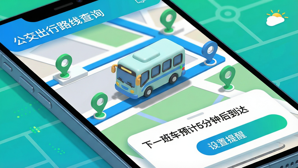 主体:手机地图界面显示一辆卡通公交车图标正在沿蓝色路线移动,周围有站点标记。布局:地图占据大半屏幕,底部弹出卡片显示“下一班车预计5分钟后到达”,并有“设置提醒”按钮。排版:地图采用3D立体效果,公交图标有轻微阴影,站点用绿色圆点表示。风格:科技感强,色彩明亮,蓝绿色调。细节:屏幕左上角有“公交出行路线查询”字样,右上角显示天气图标。画质:精细建模,干净整洁。
