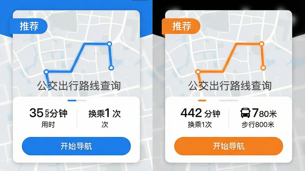 主体:公交出行路线查询App的路线对比界面,左右分栏显示两条不同方案。布局:左侧方案标有“推荐”标签,显示用时35分钟、换乘1次;右侧方案显示用时42分钟、步行800米。排版:两栏卡片式设计,上方分别用蓝色和橙色线条表示不同路线走向,底部有“开始导航”按钮。风格:简洁商务,蓝白配色,信息层级分明。细节:卡片上标注了“公交出行路线查询”的水印字样,地图背景为浅灰色。画质:清晰锐利,无多余元素。