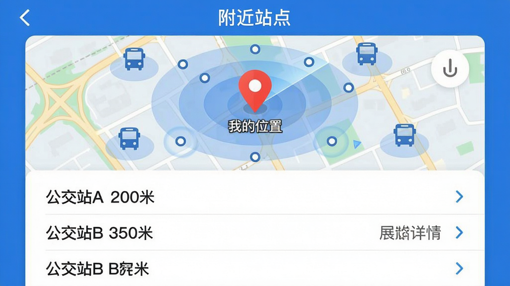 ���壺App����չʾ������վ�㡱ҳ�棬��ͼ�����״ﲨ����ʾ�ܱ�վ��λ�á����֣���ͼռ�Ϸ����·��б�������������ʾ������վA 200�ס�������վB 350�ס�����Ŀ���Ű棺�б�ÿ���Ҳ��С�>����ͷ�������չ����·���顣����ִ���ƽ����ɫϵ��ϸ�ڣ���ͼ����һ����Ŀ�ĺ�ɫ��λͼ�꣬��ע���ҵ�λ�á���<a href=
