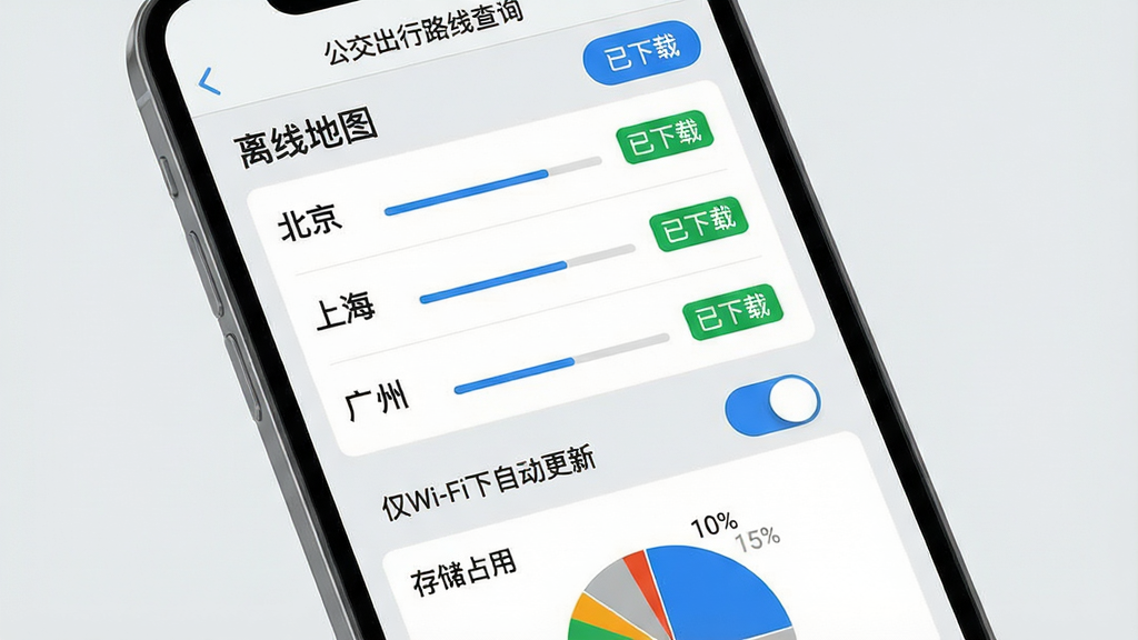 主体:一部手机屏幕显示“离线地图”下载管理页面,列表中有“北京”“上海”“广州”三个城市条目。布局:每个城市条目右侧有下载进度条和“已下载”绿色标签。排版:简洁的列表式设计,顶部有“公交出行路线查询”标题栏。风格:清爽素雅,浅灰背景,蓝色按钮。细节:下方有“仅Wi-Fi下自动更新”开关,以及“存储占用”饼图。画质:高分辨率,无多余元素。