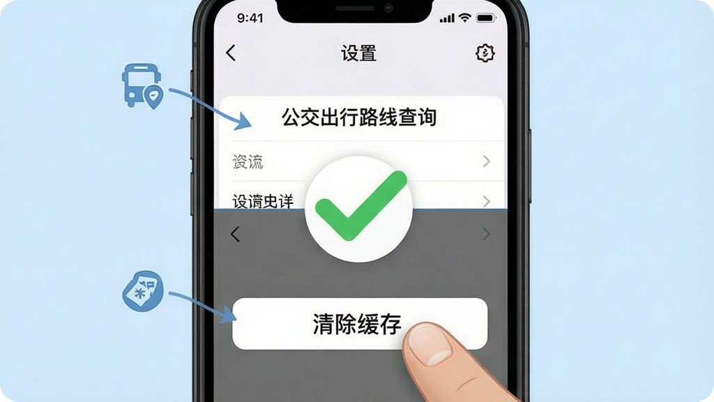 主体:一个手机屏幕被分为两半,上半部分显示“设置”界面,下半部分显示“清除缓存”按钮被手指点击。布局:画面中央有一个绿色的对勾图标,表示操作成功。排版:简洁明了,背景为浅蓝色。风格:教育示意图风格,带有步骤编号。细节:屏幕上标注“公交出行路线查询”字样。画质:清晰干净,无多余元素。
