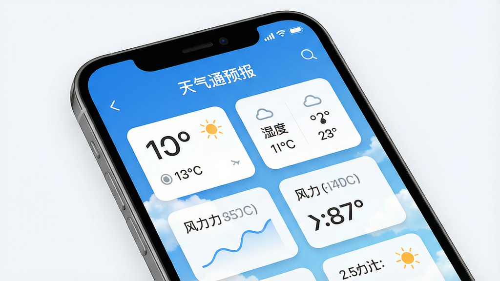 一幅展示手机屏幕界面的高清图片,屏幕中显示“天气通预报”的主界面,背景是晴朗的蓝天白云,界面布局清晰,包含温度、湿度、风力等数据卡片,整体风格简洁现代,色彩明亮,画质干净,无多余元素