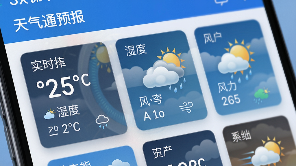 一张高清特写图片,画面以“天气通预报”软件界面为背景,突出显示实时温度、湿度、风力等数据卡片,搭配动态天气动画,整体风格科技感强,细节丰富,画质细腻,干净无多余元素