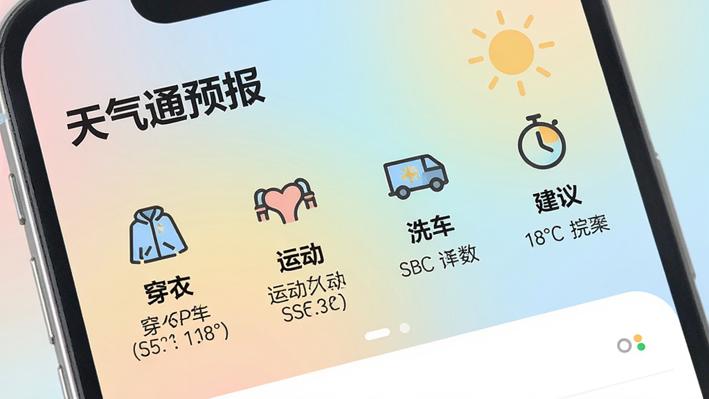 一幅显示“天气通预报”生活指数页面的图片,页面中展示穿衣、运动、洗车等指数图标及建议文字,背景为柔和的渐变色彩,整体风格清新明快,画质细腻,干净无多余元素