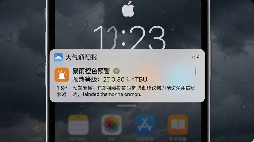 一张展示手机锁屏通知的图片,“天气通预报”APP推送一条暴雨橙色预警通知,通知栏显示预警等级、时间和简要防御建议,背景是阴沉昏暗的天气,整体风格写实,画面清晰,干净无多余元素