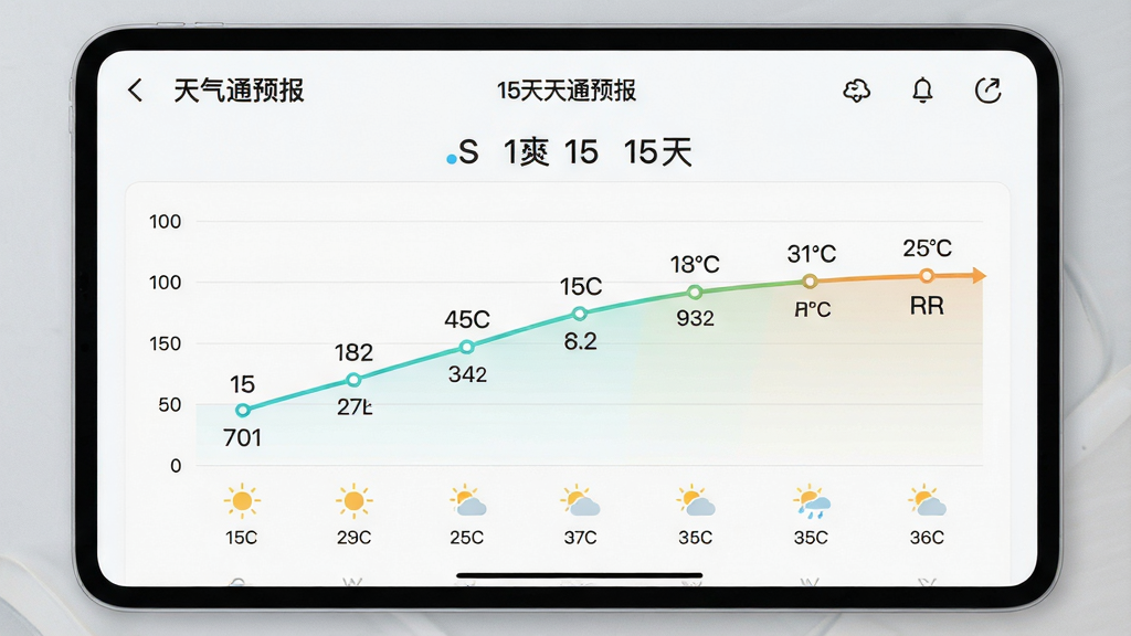 一张高清屏幕截图,展示“天气通预报”的15天预报页面,以折线图和图标形式展示未来温度变化趋势,色彩清新,布局合理,风格简约,画质清晰,干净无多余元素