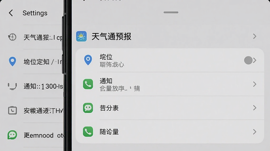 一张显示手机设置界面的截图,屏幕中突出“天气通预报”的应用权限管理页面,包括定位、通知等选项,背景为系统设置界面,整体风格简洁,画质干净,无多余元素