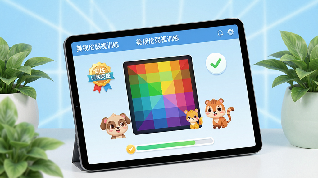 画面主体为“美视伦弱视训练”软件在平板电脑上运行的界面,界面显示彩色光栅训练图案与卡通小动物,周围有柔和护眼绿植点缀。布局采用居中构图,平板微微倾斜,屏幕内容清晰可见。排版干净清爽,背景为浅蓝色渐变。风格为现代科技感与儿童趣味结合,细节包括屏幕上的“训练完成”徽章与进度条。画质高清,色彩明亮,干净无多余元素。