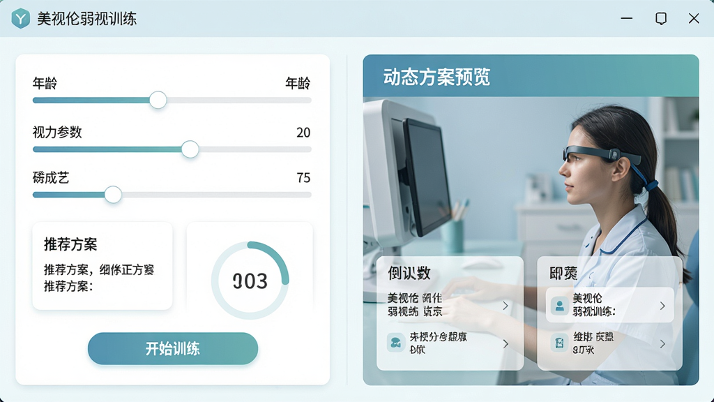 画面主体为“美视伦弱视训练”软件的个人设置界面,展示年龄、视力参数滑块与推荐方案卡片。布局采用左右分栏,左侧为参数调节区,右侧为动态方案预览。排版简洁,风格为医疗级专业感。细节包括“开始训练”按钮与倒计时圆环。画质清晰,色彩淡雅,干净无多余元素。