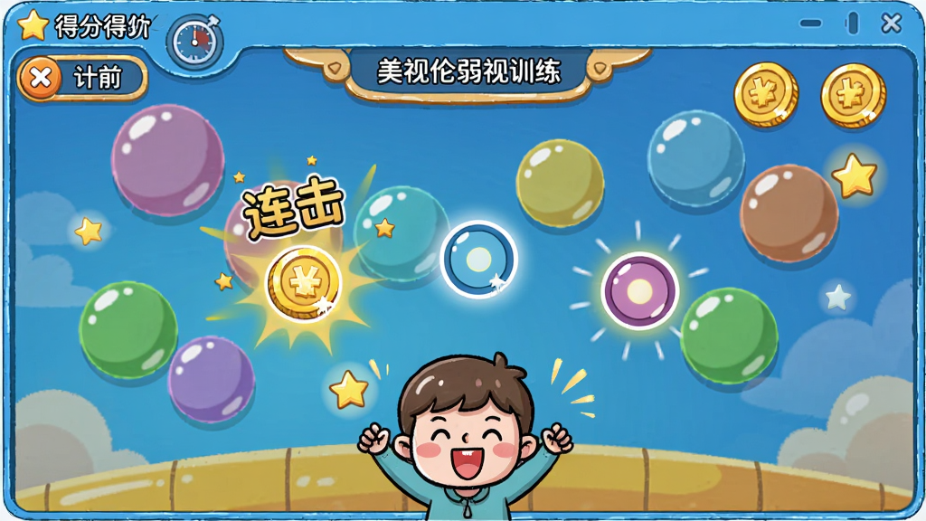 画面主体为“美视伦弱视训练”软件的游戏界面,屏幕上显示彩色泡泡与需要点击的目标光点,底部有卡通角色欢呼。布局为全屏游戏画面,顶部显示得分与计时。排版活泼,风格为卡通手绘风。细节包括“连击”特效与金币图标。画质明亮鲜艳,干净无多余元素。