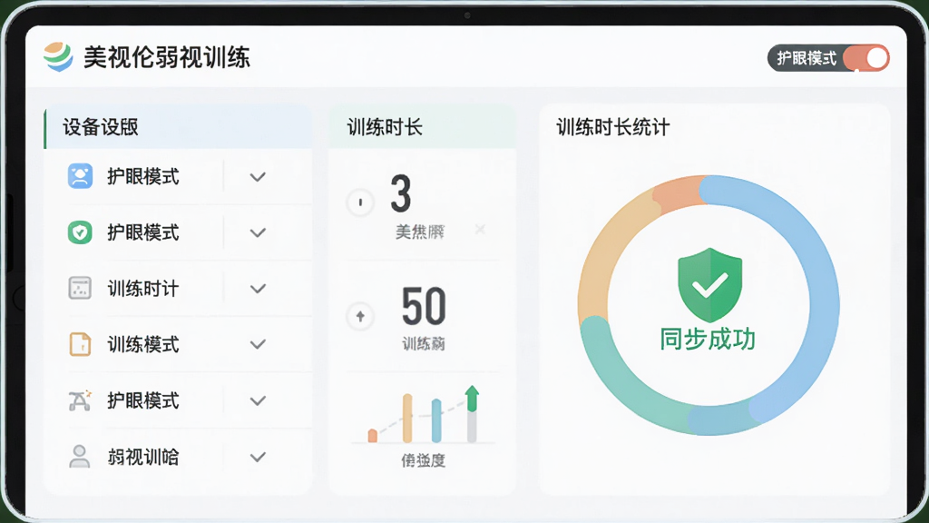 画面主体为“美视伦弱视训练”的家长控制面板,显示设备列表与训练时长统计。布局为列表与环形图结合,突出“护眼模式”开关。排版清晰,风格为现代扁平化。细节包括绿色盾牌图标与“同步成功”提示。画质干净,色彩柔和。