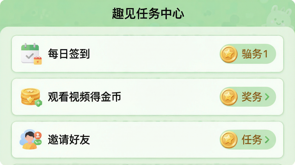一张趣见任务中心页面的截图,页面以列表形式展示了“每日签到”、“观看视频得金币”、“邀请好友”等任务,每个任务右侧标注了对应的金币奖励图标,顶部有“趣见任务中心”标题,整体风格简洁清晰,背景为浅绿色,布局规整,画质高清,干净无多余元素。