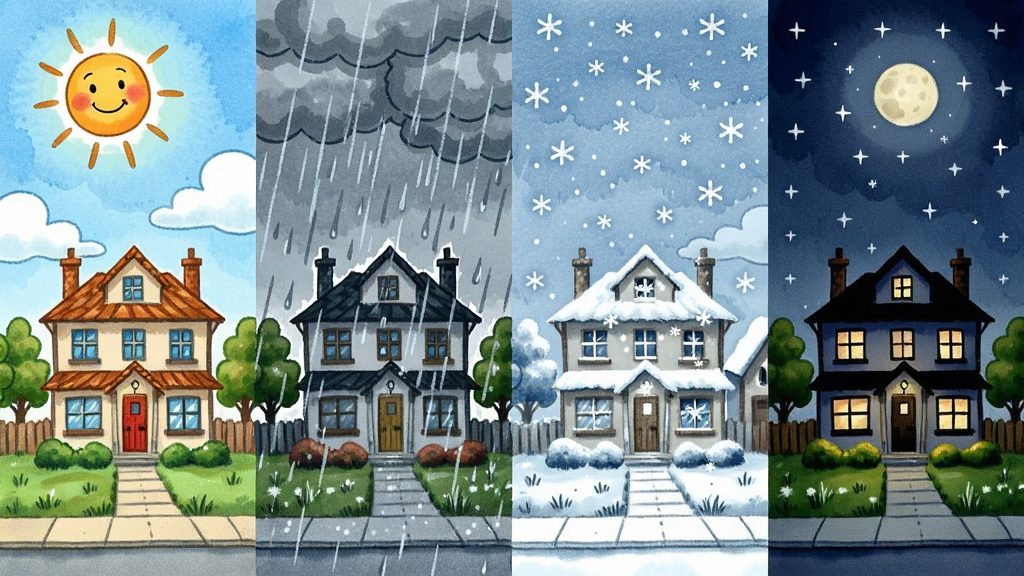 同一栋房屋在四种不同天气下的对比图,从左到右依次为晴天、雨天、雪天、夜晚,每幅小图都展示房屋外观和周围环境,采用手绘水彩风格,色彩变化明显,构图整齐,细节丰富,画质高清,干净无多余元素,画面无文字