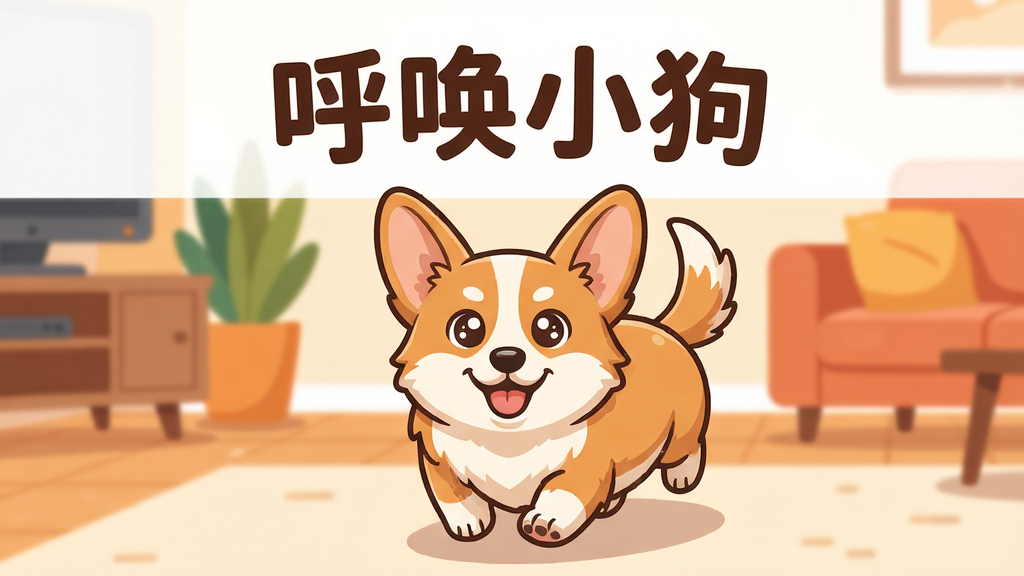 主体:一只活泼可爱的柯基犬卡通形象,正开心地跑向屏幕前的用户,背景是温馨的客厅;布局:小狗位于画面中央偏下,上方留白处用艺术字写着“呼唤小狗”;排版:文字居中,字体圆润可爱;风格:清新明快的扁平插画风,色彩温暖明亮;细节:小狗毛发蓬松,眼神亮晶晶,尾巴高高翘起,地面有淡淡投影;画质:4K高清,画面干净,无多余元素。
