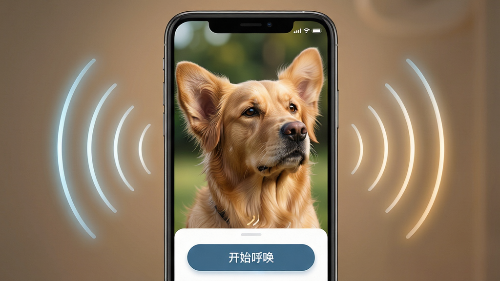 主体:智能手机屏幕特写,屏幕中显示呼唤小狗APP界面,一只金毛犬正竖起耳朵聆听;布局:手机位于画面中央,周围环绕着几个声音波纹的图形;排版:界面简洁,底部有“开始呼唤”的按钮;风格:科技感与温馨感结合的写实风格;细节:声音波纹带有微光效果,狗狗表情专注,画面清晰锐利;画质:高分辨率,干净无多余元素。