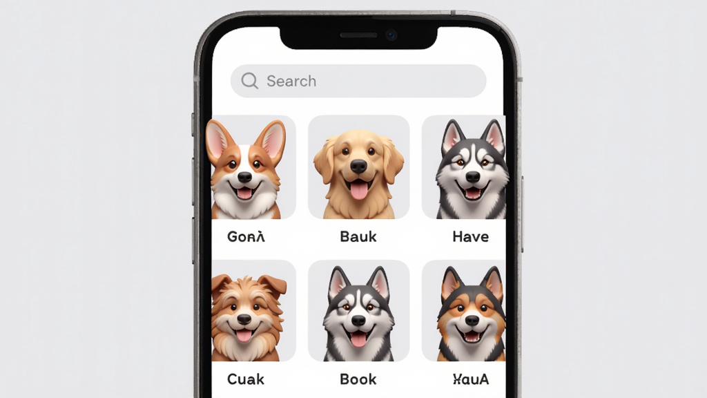 主体:手机屏幕上显示呼唤小狗APP的犬种图鉴界面,排列着柯基、金毛、哈士奇等狗狗的3D头像;布局:网格状排列,每个头像下方有名字标签;排版:界面干净,顶部有搜索栏;风格:扁平化与3D结合,色彩柔和;细节:每个狗狗头像表情生动,背景为淡灰色,图标精致;画质:清晰无噪点,无多余元素。