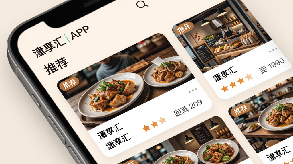 ���壺������APP�ġ��Ƽ���ҳ�棬չʾ�����̼ҿ�Ƭ�б������֣��ֻ���Ļ�ڣ���Ƭʽ���֣��Ϸ�Ϊ�̼�ͼƬ���·�Ϊ���ơ����֡�������Ϣ���Ű棺��Ƭ�������£�����Ϊǳɫ�����������׶�����񣺼���ִ���ɫ����ͣ�ͻ��������Ϣ��ϸ�ڣ���Ƭ����ʾ�������㡱Logo�����ֿ�Ƭ���С��Ƽ�����ǩ��ͼƬΪ��ʳ�����ʵ�ġ����ʣ�����ϸ�壬�ɾ����޶���Ԫ�ء�