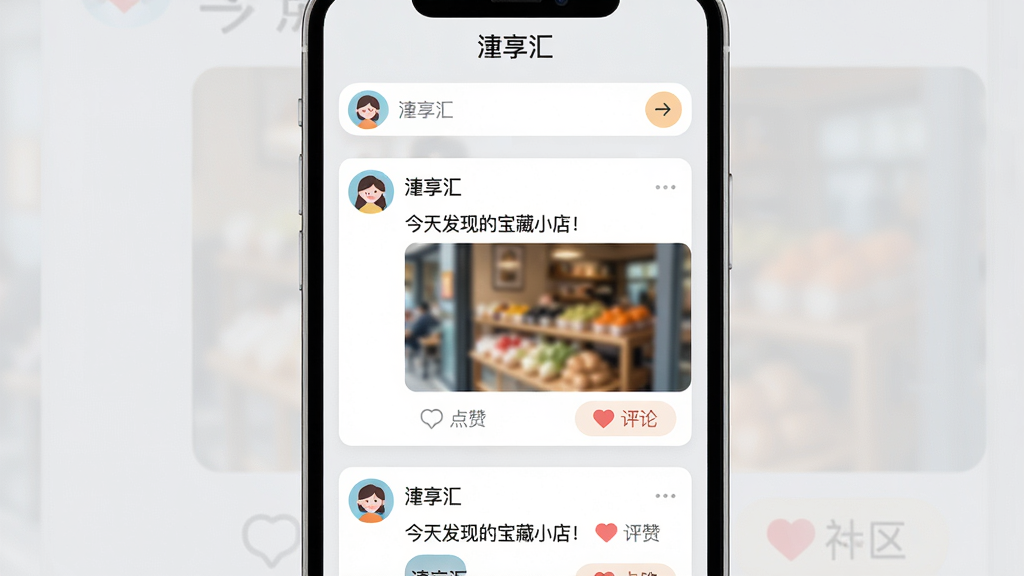 ���壺������APP�ġ�������ҳ�棬չʾ�û���̬��Ϣ�������֣��ֻ���Ļ�ڣ��Ϸ�Ϊ�������·�Ϊ������̬��Ƭ�����û�ͷ���ǳơ�ͼƬ�͵������۰�ť���Ű棺��Ϣ���������У������ȣ�ͷ��Բ�Σ����������������ܰ�罻���ɫ�����죬����Ϊǳ�ҡ�ϸ�ڣ�һ����̬����Ϊ�����췢�ֵı���С�꣡������ͼģ���ɼ�����Ļ�����С������㡱���������ʣ�������Ⱦ���ɾ����޶���Ԫ�ء�