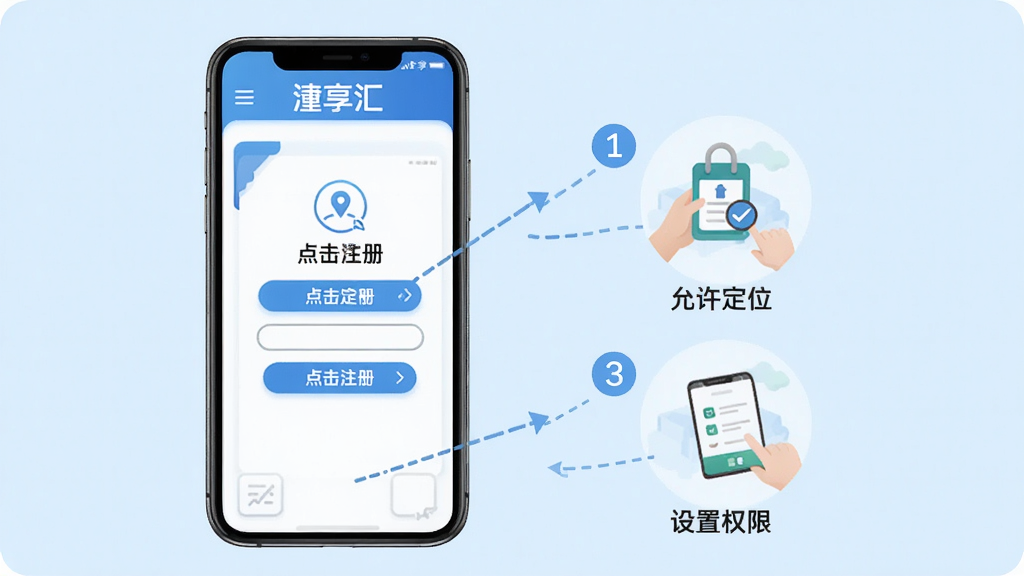 ���壺������APP�ġ�ʹ��ָ�ϡ���ͼ��չʾ�ֻ��������衣���֣��ֻ���Ļ�ڣ��ֲ���ͼʾ��ÿ�������ֱ�ע�������Լ�����֡��Ű棺�����������У��������ˣ�����Ϊǳ��ɫ����񣺽̷̳�񣬼��ֱ�ۡ�ϸ�ڣ�ͼʾ���������ע�ᡱ����������λ����������Ȩ�ޡ��ȣ���Ļ�����С������㡱���������ʣ����壬�ɾ����޶���Ԫ�ء�