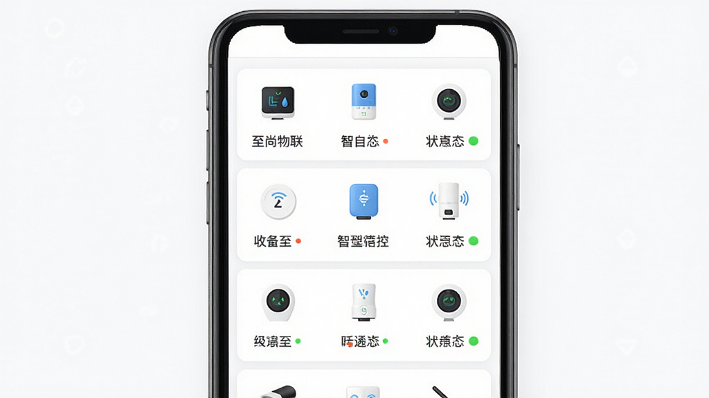至尚物联应用的多设备管理界面截图,主体为手机屏幕,屏幕内展示一个设备列表页面,上面排列着不同种类的智能设备图标,每个图标下方都有设备名称和状态指示灯,布局为纵向列表排列,排版整齐清晰,风格为现代简约的扁平化设计,细节包括不同颜色的状态圆点,画质高清,干净无多余元素