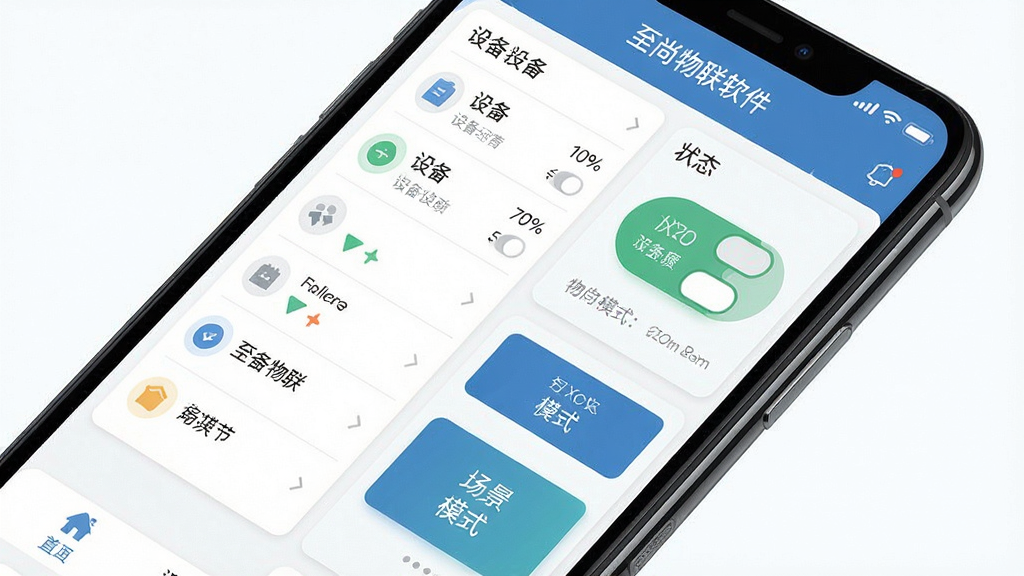 一张展示至尚物联软件在智能手机上运行的界面预览图,主体为手机屏幕特写,屏幕内清晰显示至尚物联的主控制面板,布局采用卡片式模块排列,包含设备列表、状态开关和场景模式按钮,整体排版简洁现代,风格为扁平化UI设计,细节丰富,画质高清,干净无多余元素