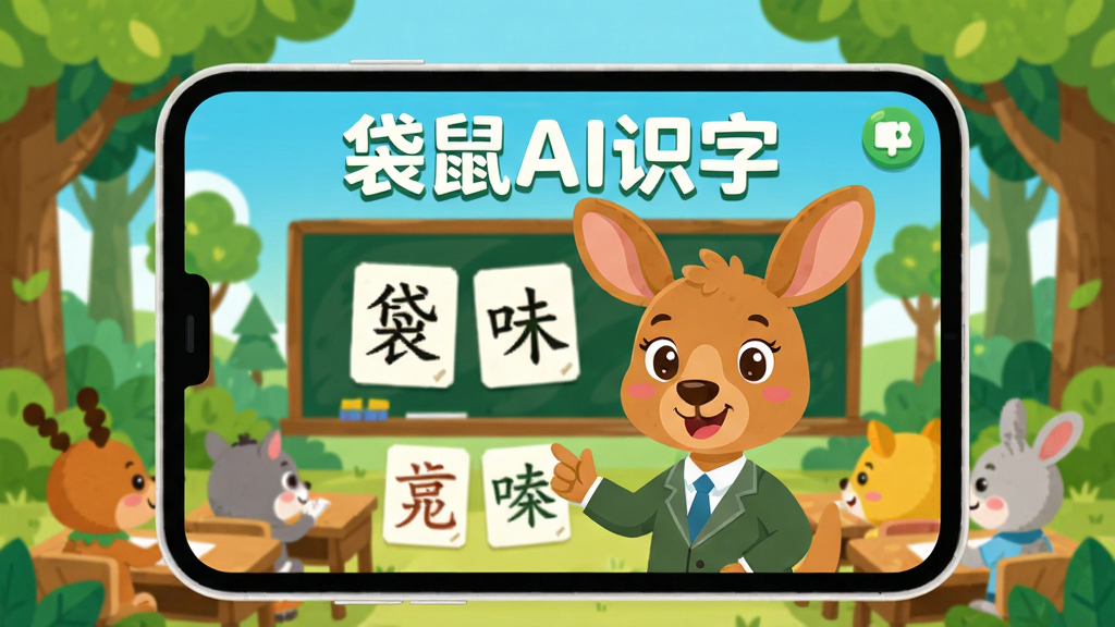 袋鼠AI识字是一款专为儿童设计的识字学习应用,画面以一只可爱的卡通袋鼠老师为主角,背景是色彩明亮的森林教室,屏幕上展示着“袋鼠AI识字”字样和汉字卡片,整体风格活泼童趣,采用扁平化UI设计,画质清晰干净,无多余元素。