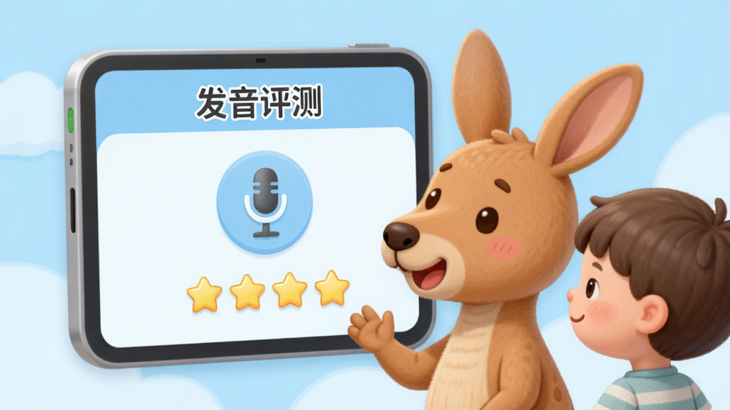 袋鼠AI识字应用界面,一只可爱袋鼠正在聆听孩子发音,屏幕上显示“发音评测”界面,带有麦克风图标和星星评分,背景为浅蓝色卡通风格,布局简洁明快,画质细腻柔和,干净无多余元素。