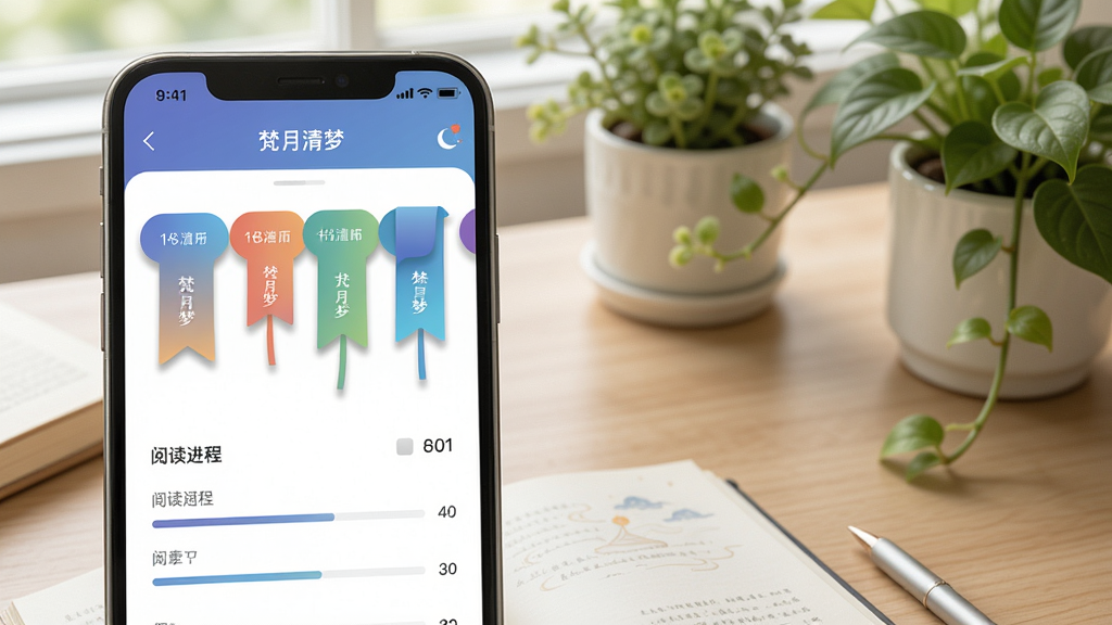 展示“梵月清梦”应用的书签管理页面,界面有多个彩色标签和阅读进度条,背景是淡雅的书桌与绿植,布局清晰,风格清新自然,细节包括书签阴影与进度数字,画质干净明亮,无多余元素