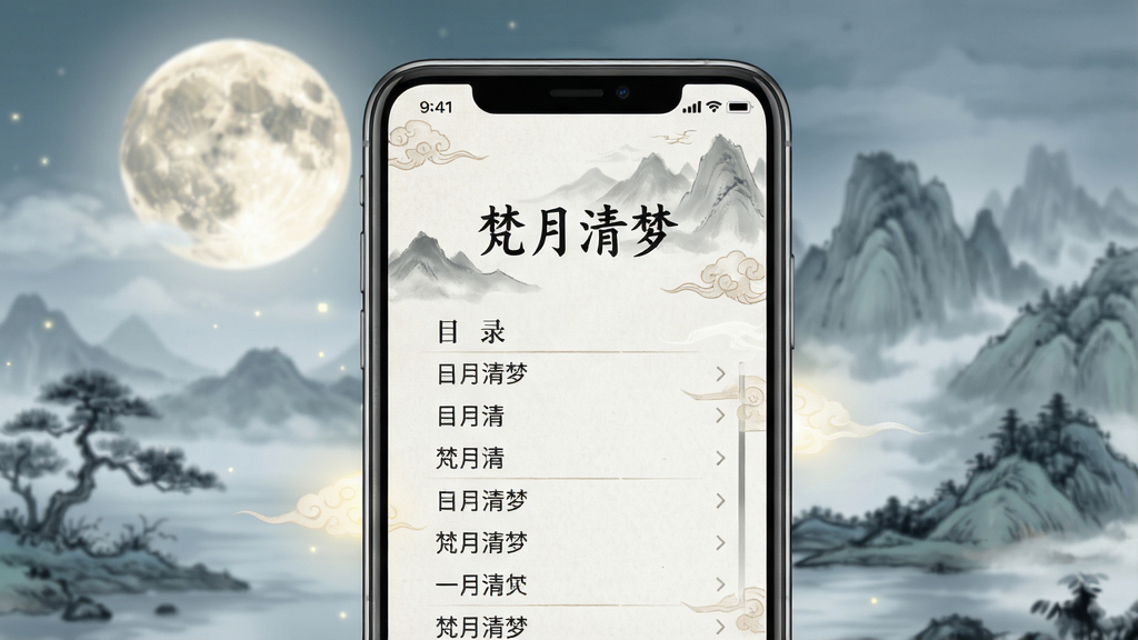 主体为手机屏幕展示“梵月清梦”小说阅读界面,背景是朦胧月色与古典山水,界面显示书名“梵月清梦”与目录列表,布局居中,排版简洁,风格唯美国风,细节包括柔和光效与细腻纹理,画质高清干净,无多余元素
